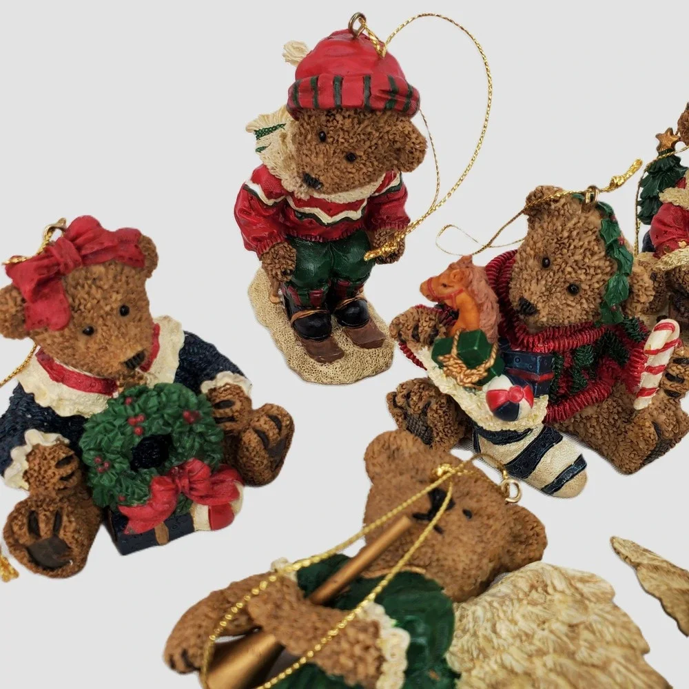 Christmas Teddy Bear 8pc Ornament Set Resin Angel‎ Skiing Sledding Holiday Decor
